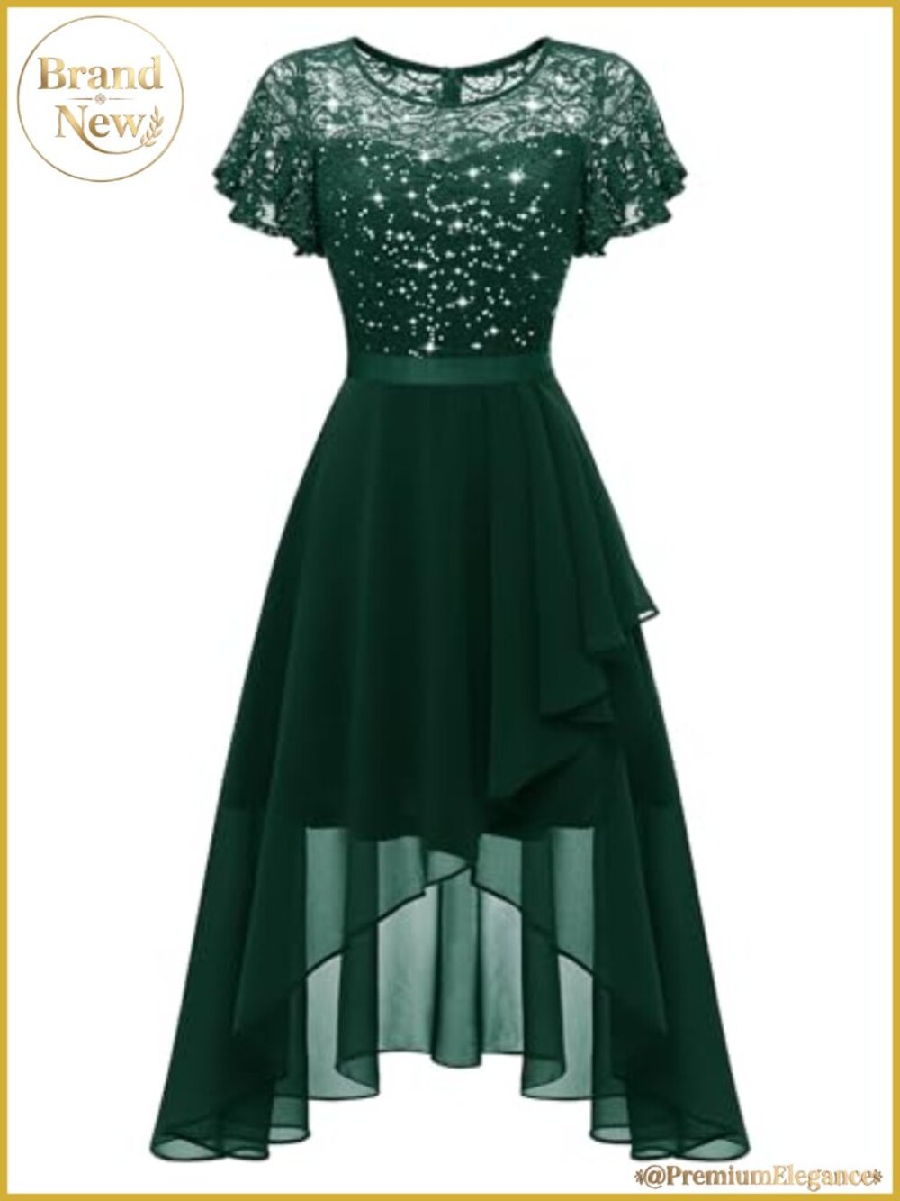 Sequin High Low Semi Formal Bridesmaid Dress Flutter Sleeve Lace Chiffon